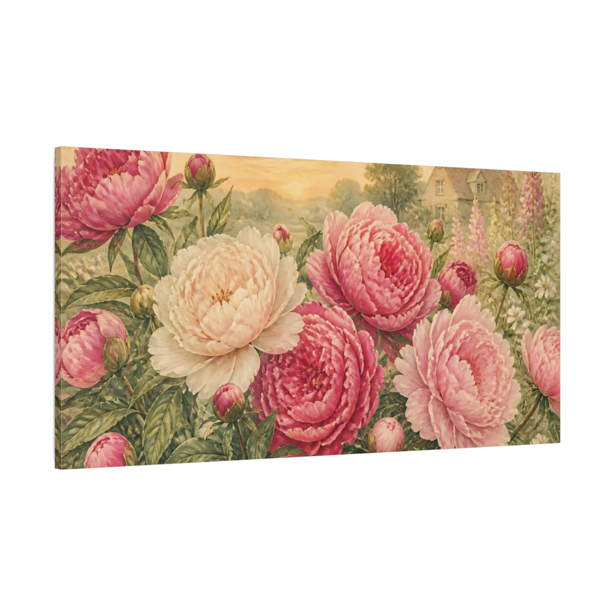 Side Mockup 2. Cottage Garden Peonies shown as canvas print