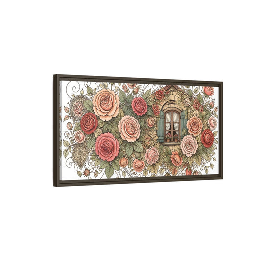 Main Mockup. Cottage Window Roses shown as framed canvas print