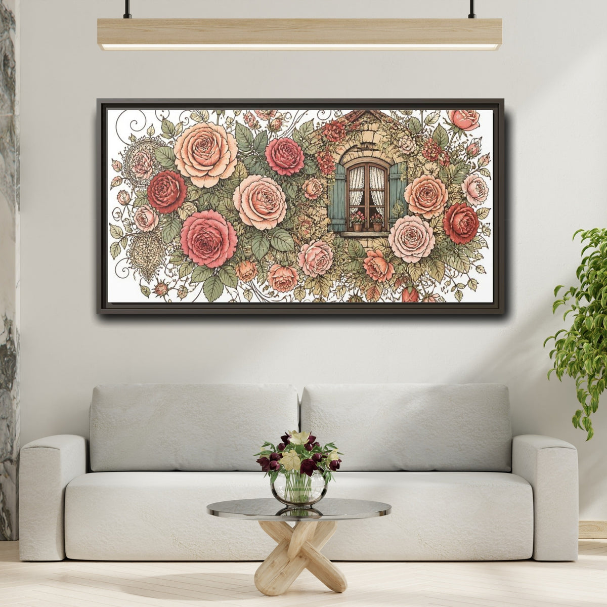 Mockup 2. Cottage Window Roses shown as framed canvas print