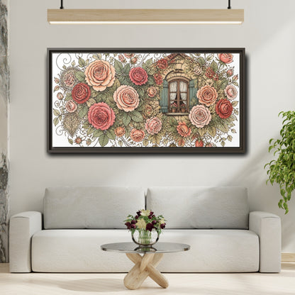 Mockup 2. Cottage Window Roses shown as framed canvas print