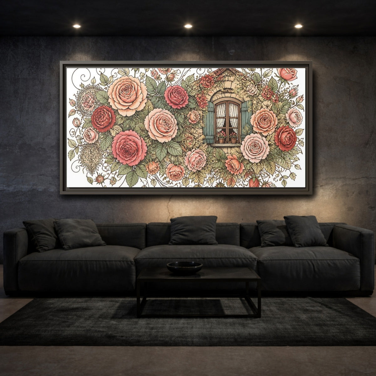 Mockup 3. Cottage Window Roses shown as framed canvas print