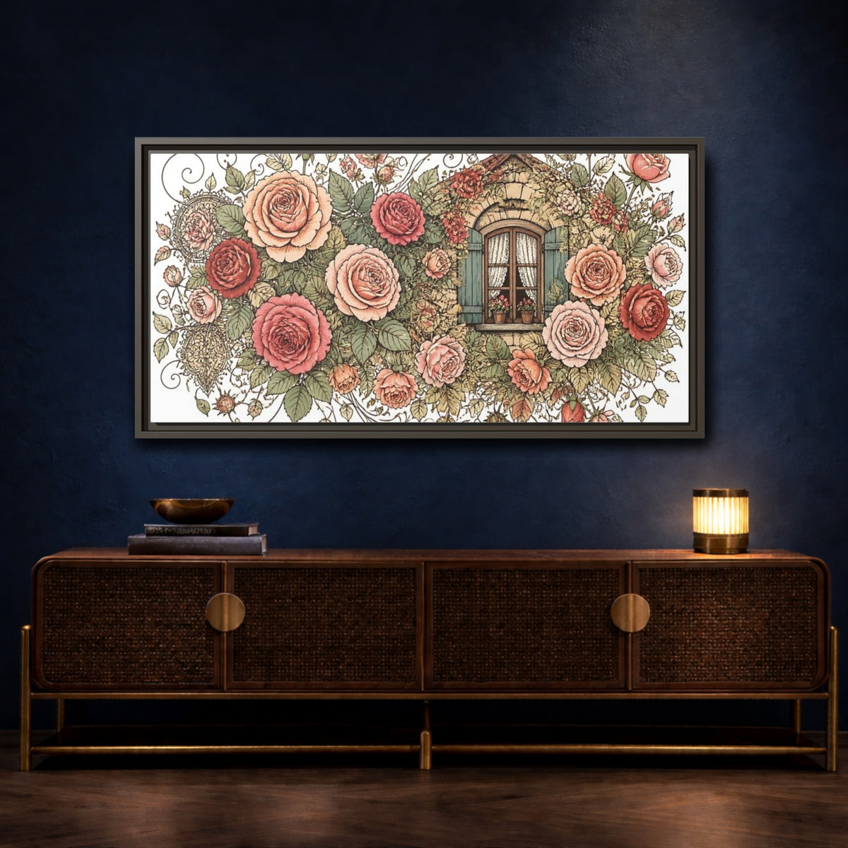 Mockup 4. Cottage Window Roses shown as framed canvas print
