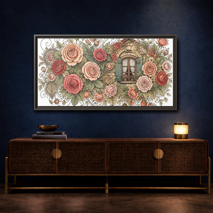 Mockup 4. Cottage Window Roses shown as framed canvas print