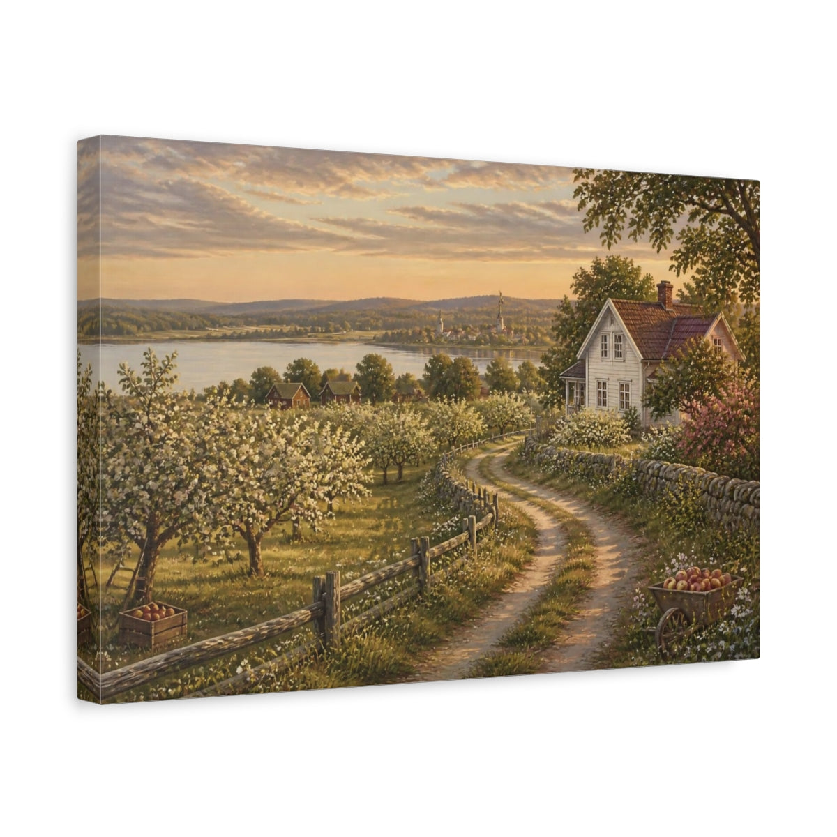 Side Mockup 4. Countyrside Farmhouse At Dusk shown as canvas print
