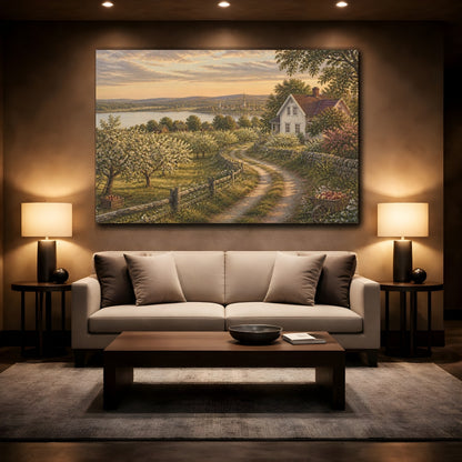 Mockup 2. Countyrside Farmhouse At Dusk shown as canvas print