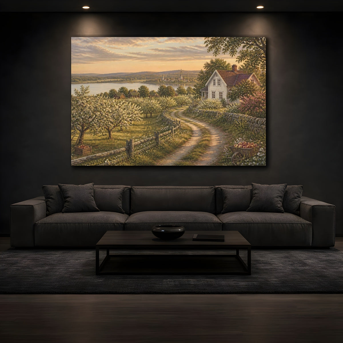 Mockup 3. Countyrside Farmhouse At Dusk shown as canvas print