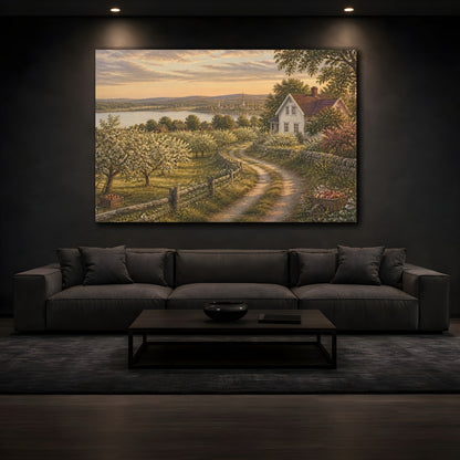 Mockup 3. Countyrside Farmhouse At Dusk shown as canvas print