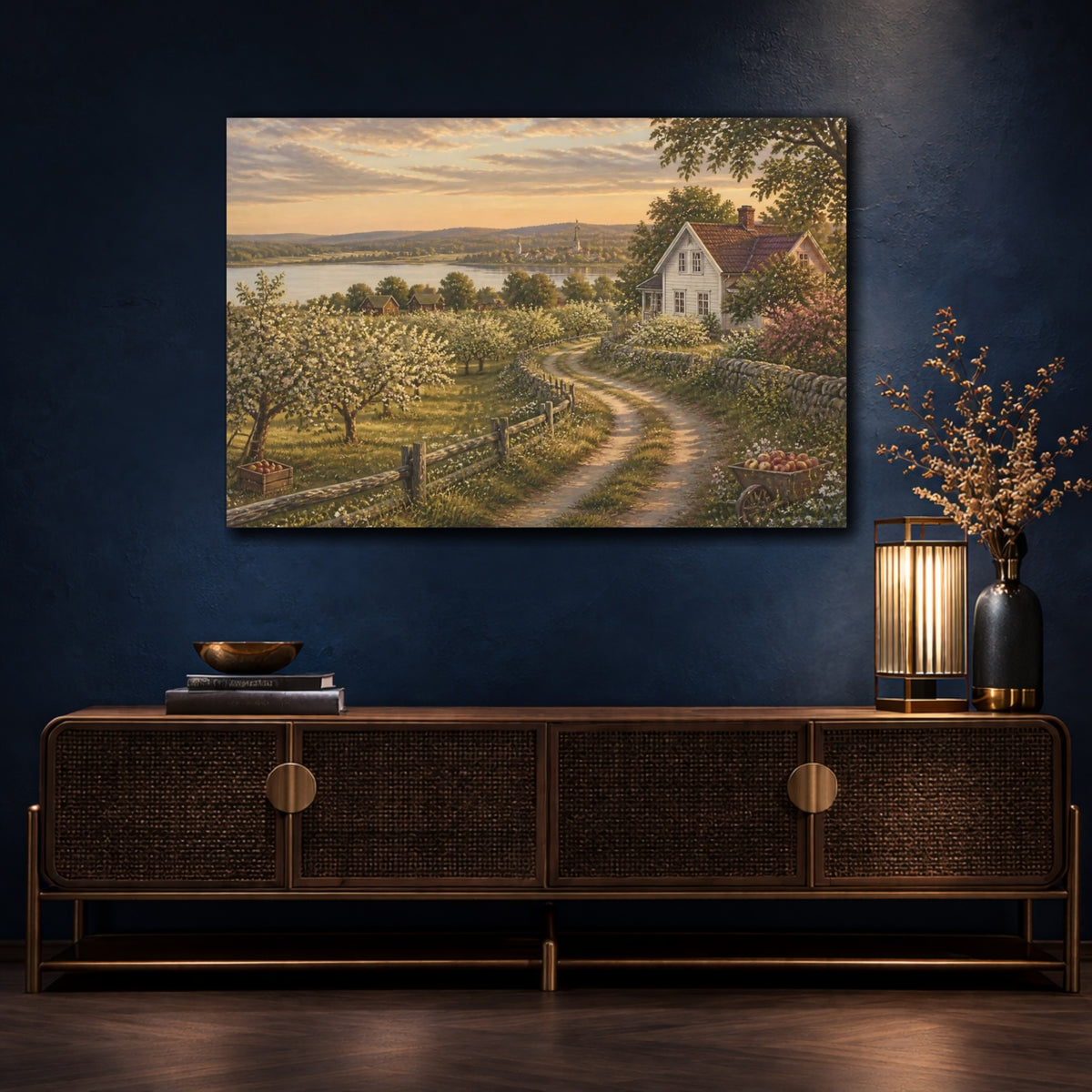 Mockup 4. Countyrside Farmhouse At Dusk shown as canvas print