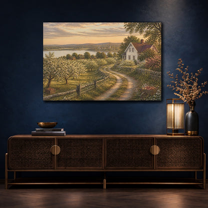 Mockup 4. Countyrside Farmhouse At Dusk shown as canvas print