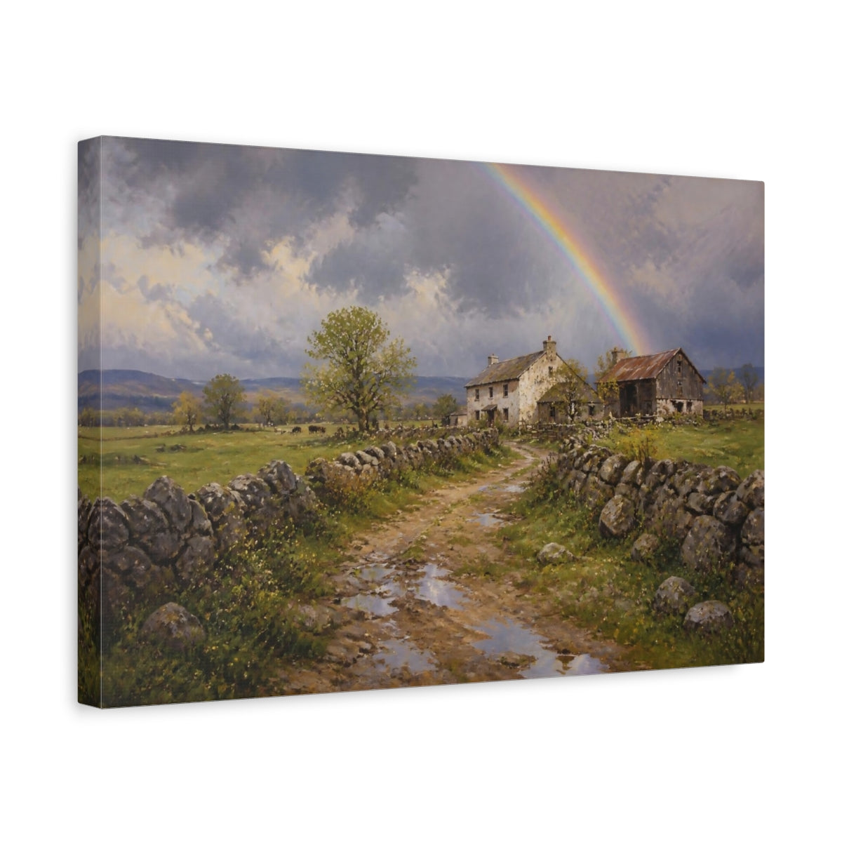 Side Mockup 4. Countyrside Farmhouse Rainbow shown as canvas print