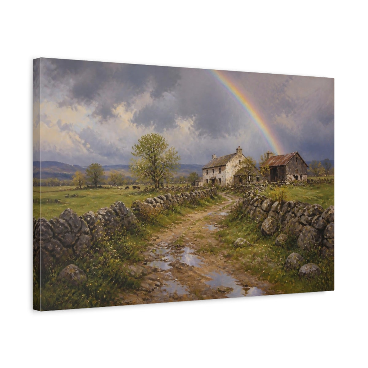 Side Mockup 3. Countyrside Farmhouse Rainbow shown as canvas print