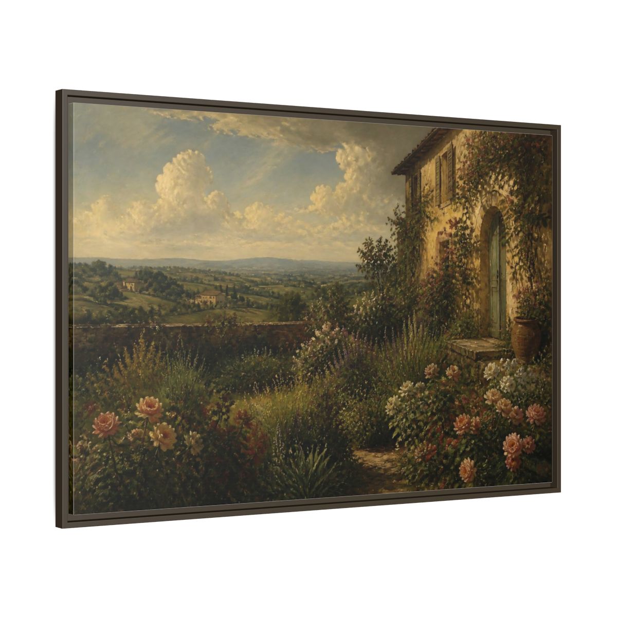 Side Mockup 8. Countyrside Rose Garden shown as framed canvas print