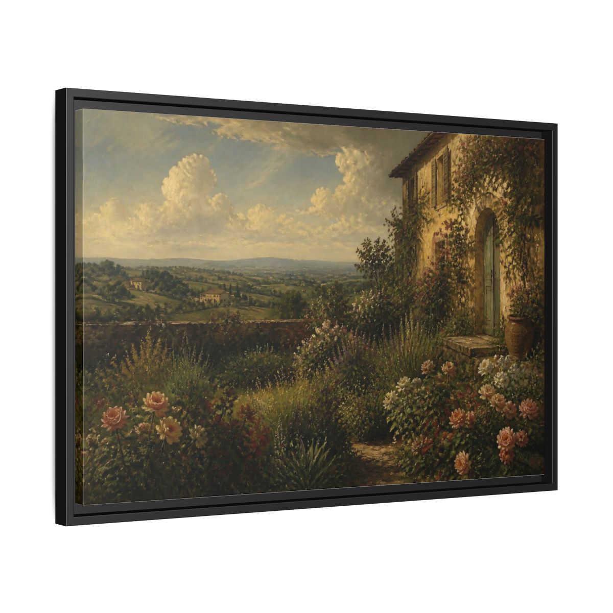 Side Mockup 14. Countyrside Rose Garden shown as framed canvas print