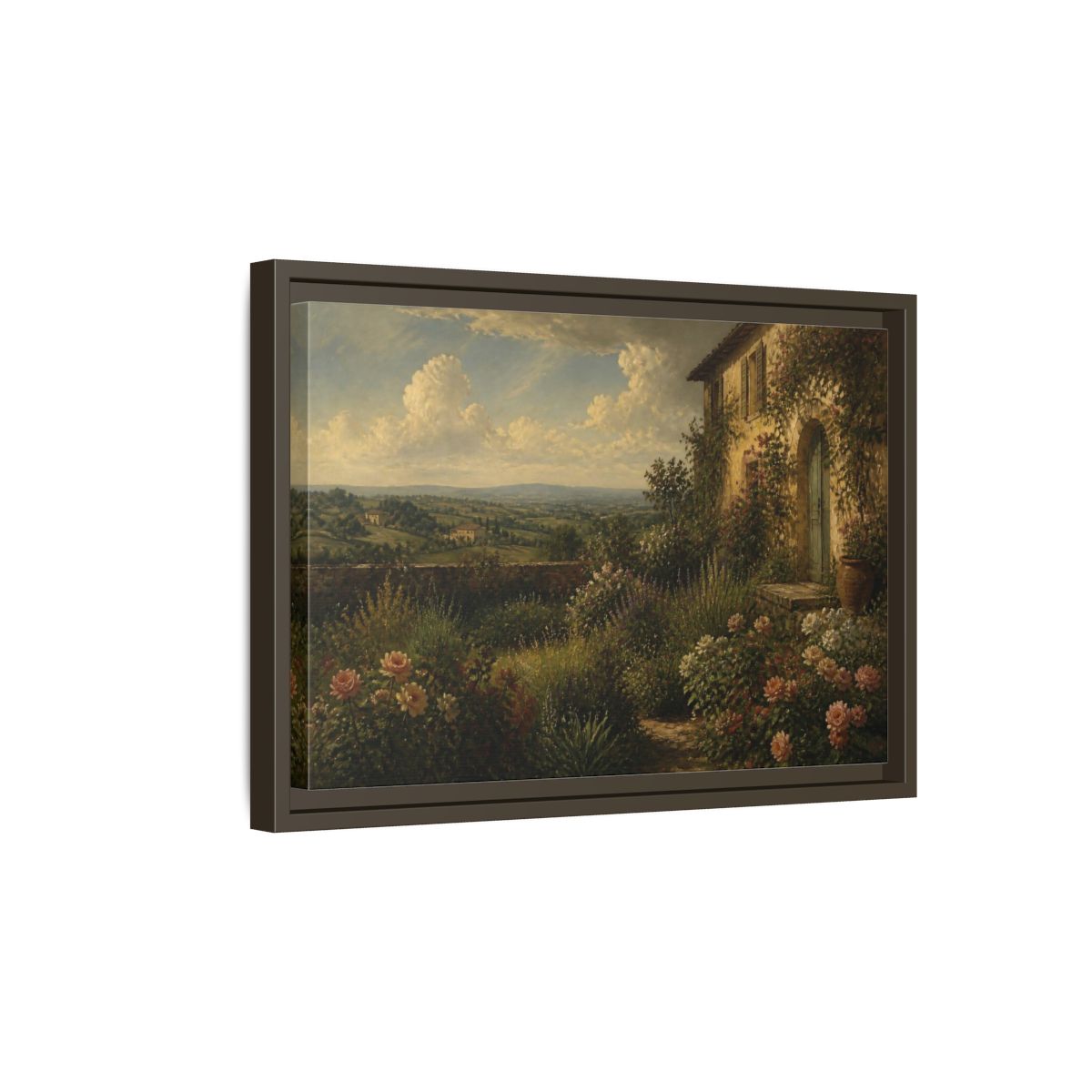 Side Mockup 5. Countyrside Rose Garden shown as framed canvas print