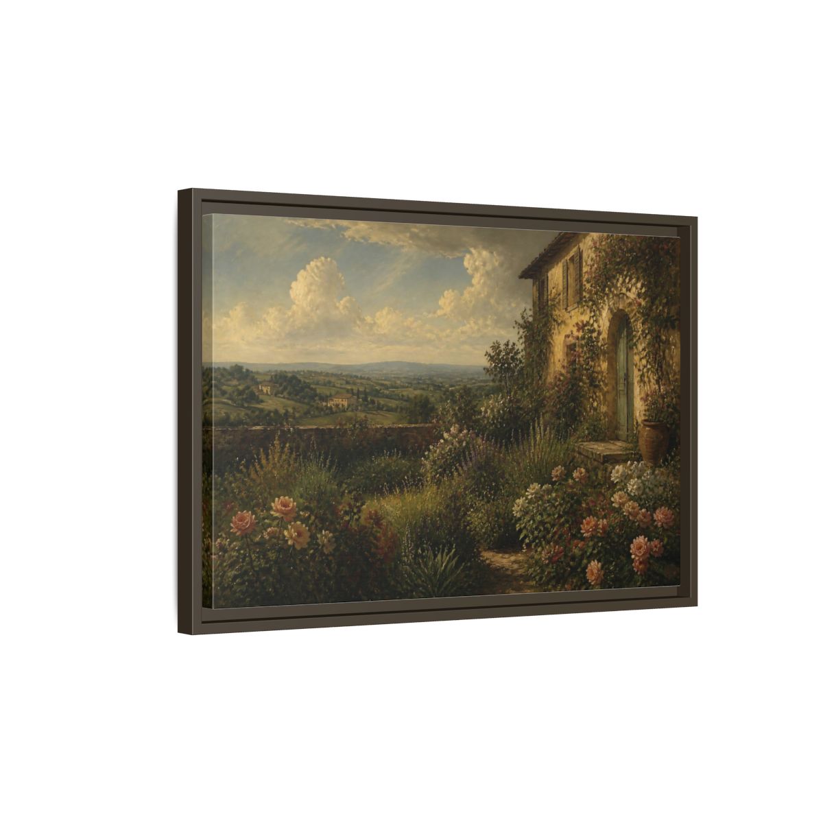 Side Mockup 2. Countyrside Rose Garden shown as framed canvas print