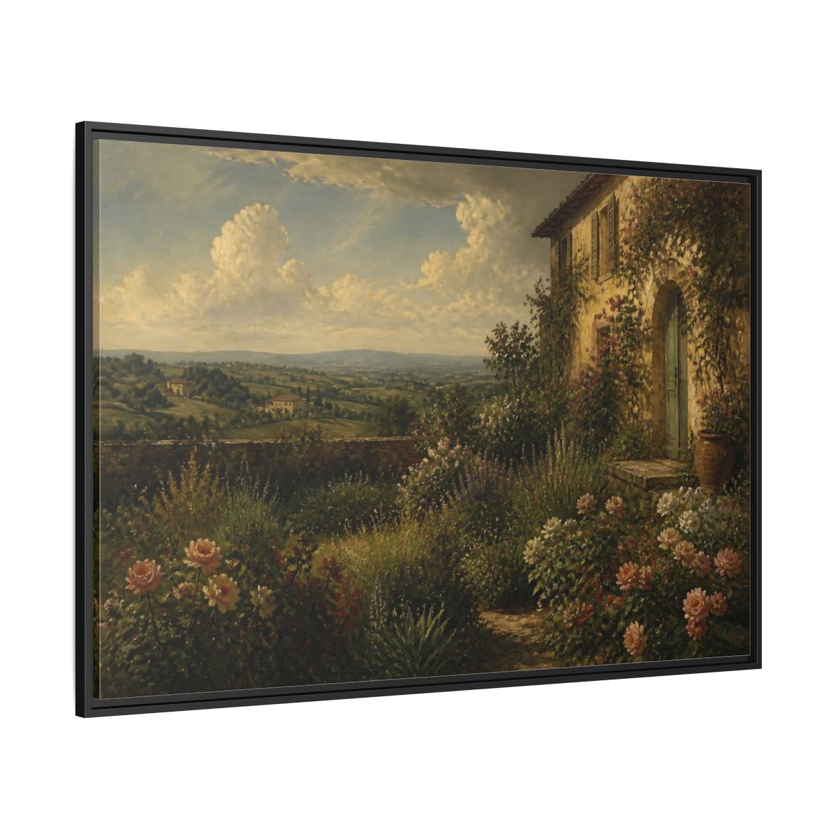 Side Mockup 12. Countyrside Rose Garden shown as framed canvas print