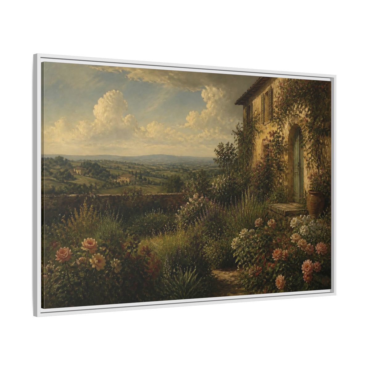 Side Mockup 7. Countyrside Rose Garden shown as framed canvas print