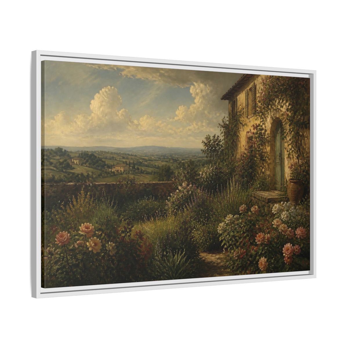 Side Mockup 9. Countyrside Rose Garden shown as framed canvas print