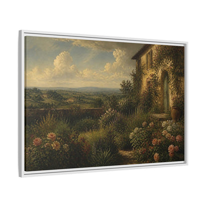 Side Mockup 9. Countyrside Rose Garden shown as framed canvas print