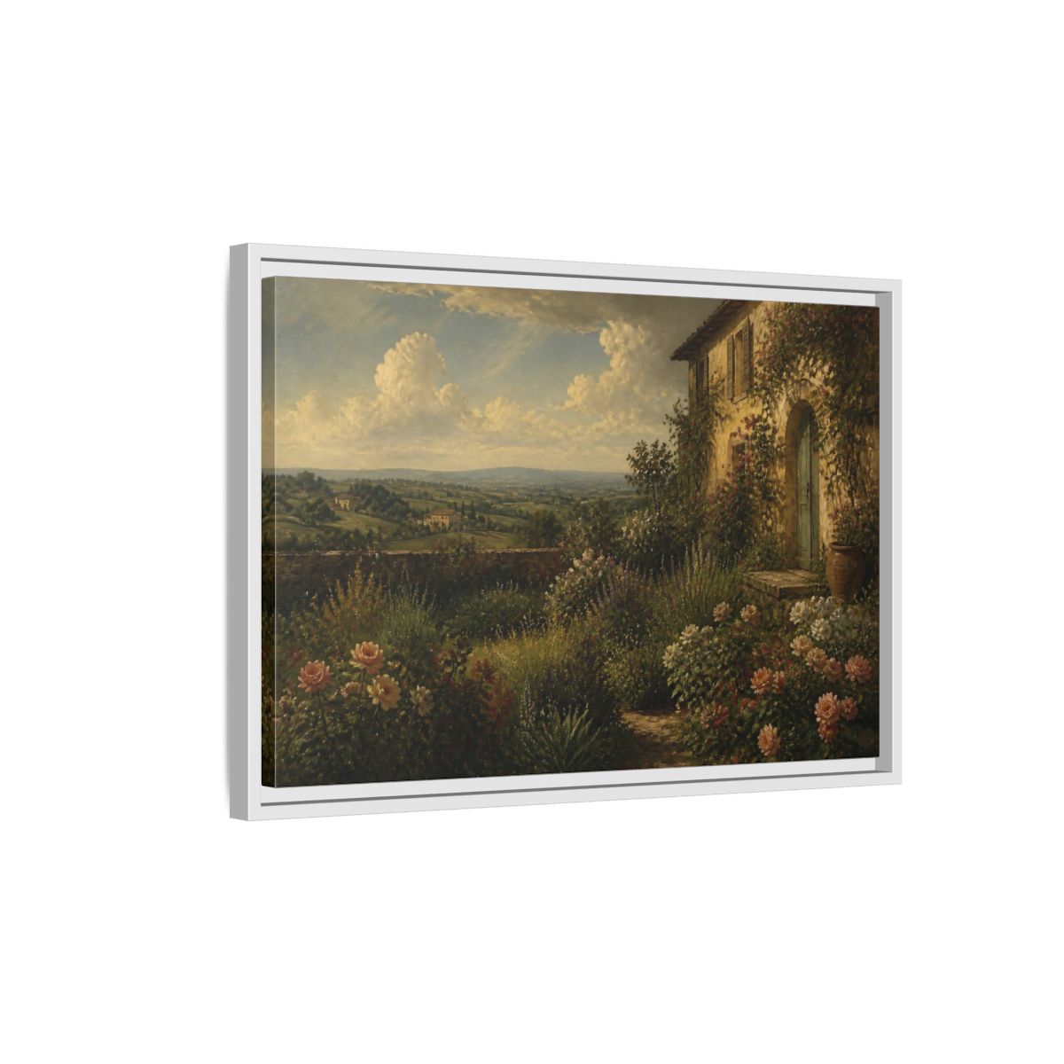 Side Mockup 1. Countyrside Rose Garden shown as framed canvas print