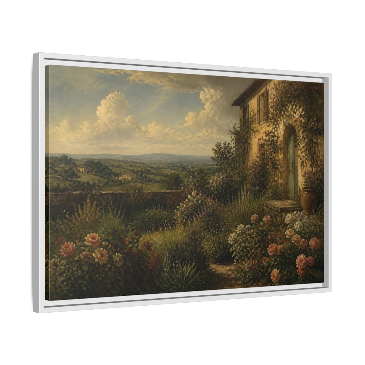 Side Mockup 10. Countyrside Rose Garden shown as framed canvas print