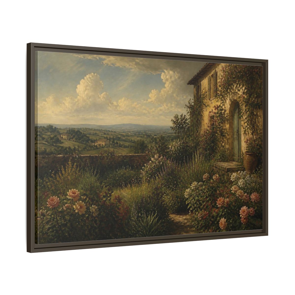 Main Mockup. Countyrside Rose Garden shown as framed canvas print