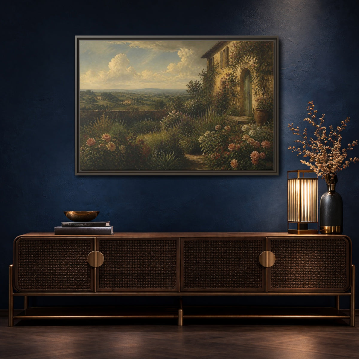 Mockup 4. Countyrside Rose Garden shown as framed canvas print