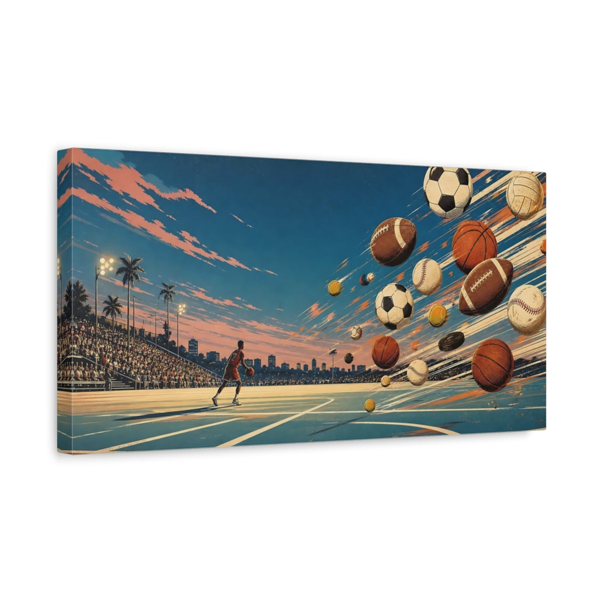 Side Mockup 3. Court Of Flying Balls shown as canvas print