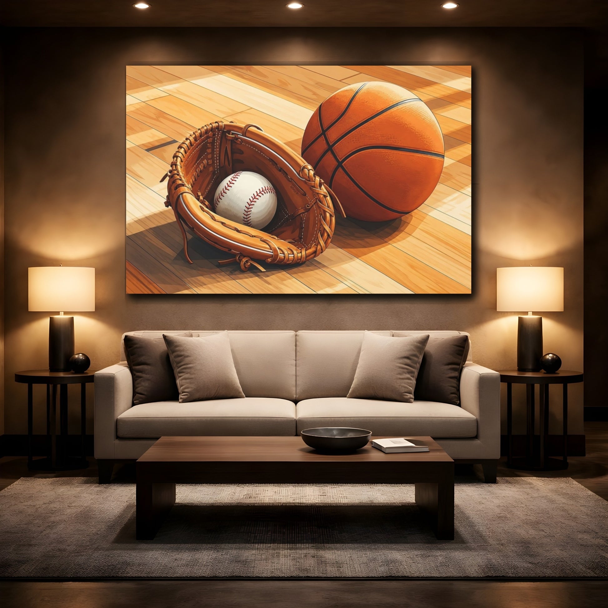 Mockup 2. Courtside Sports Still Life shown as canvas print