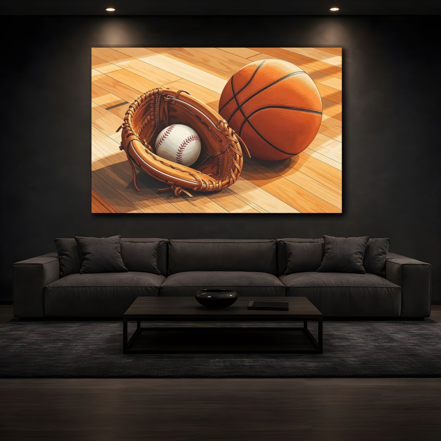 Mockup 3. Courtside Sports Still Life shown as canvas print