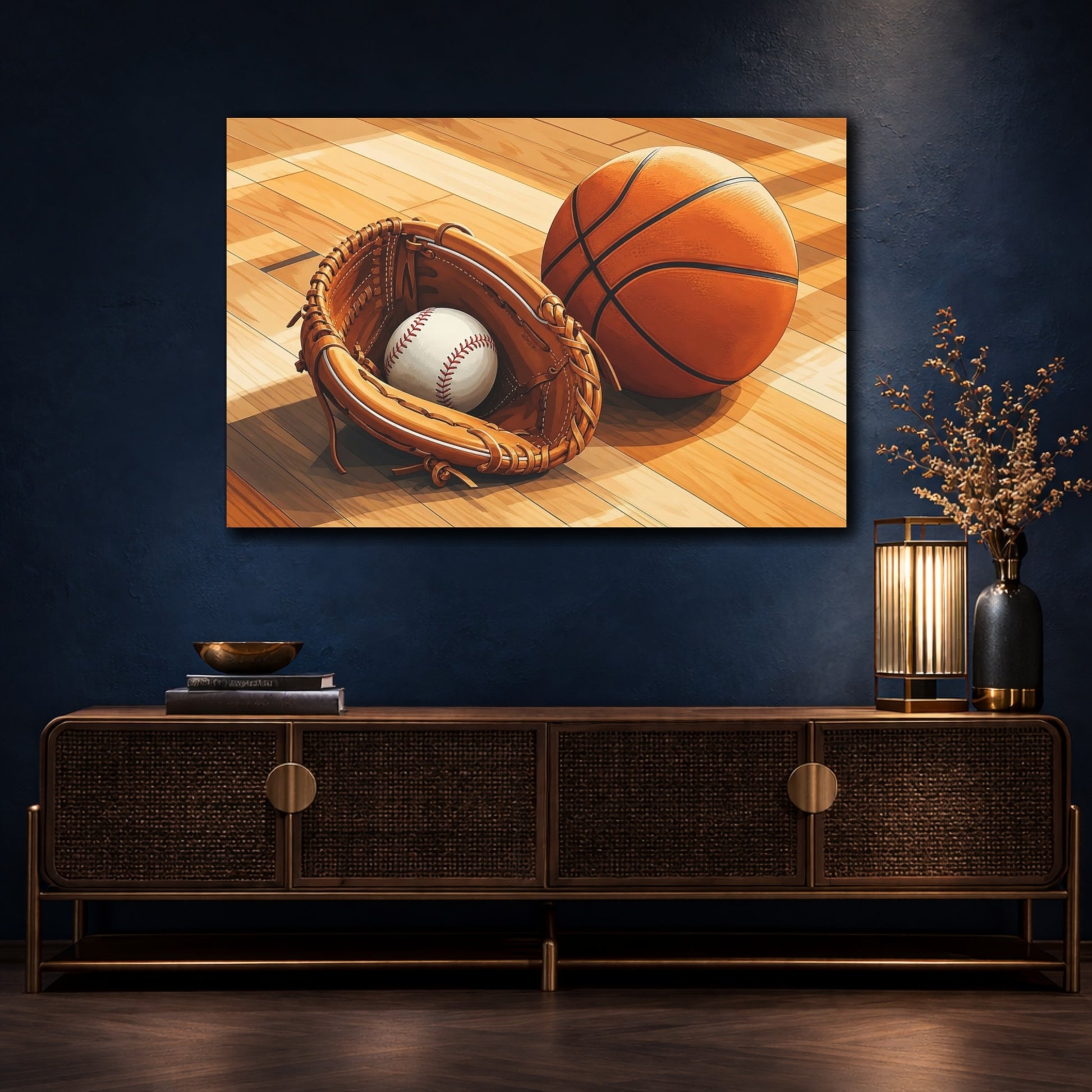Mockup 4. Courtside Sports Still Life shown as canvas print