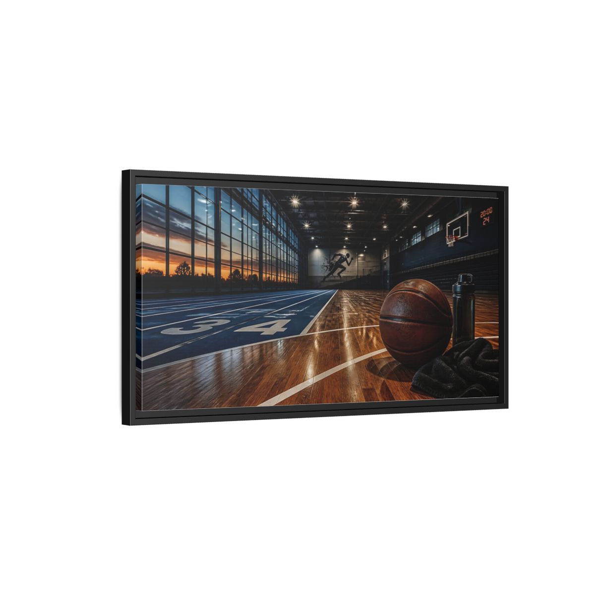 Side Mockup 2. Courtside Sunset Basketball shown as framed canvas print