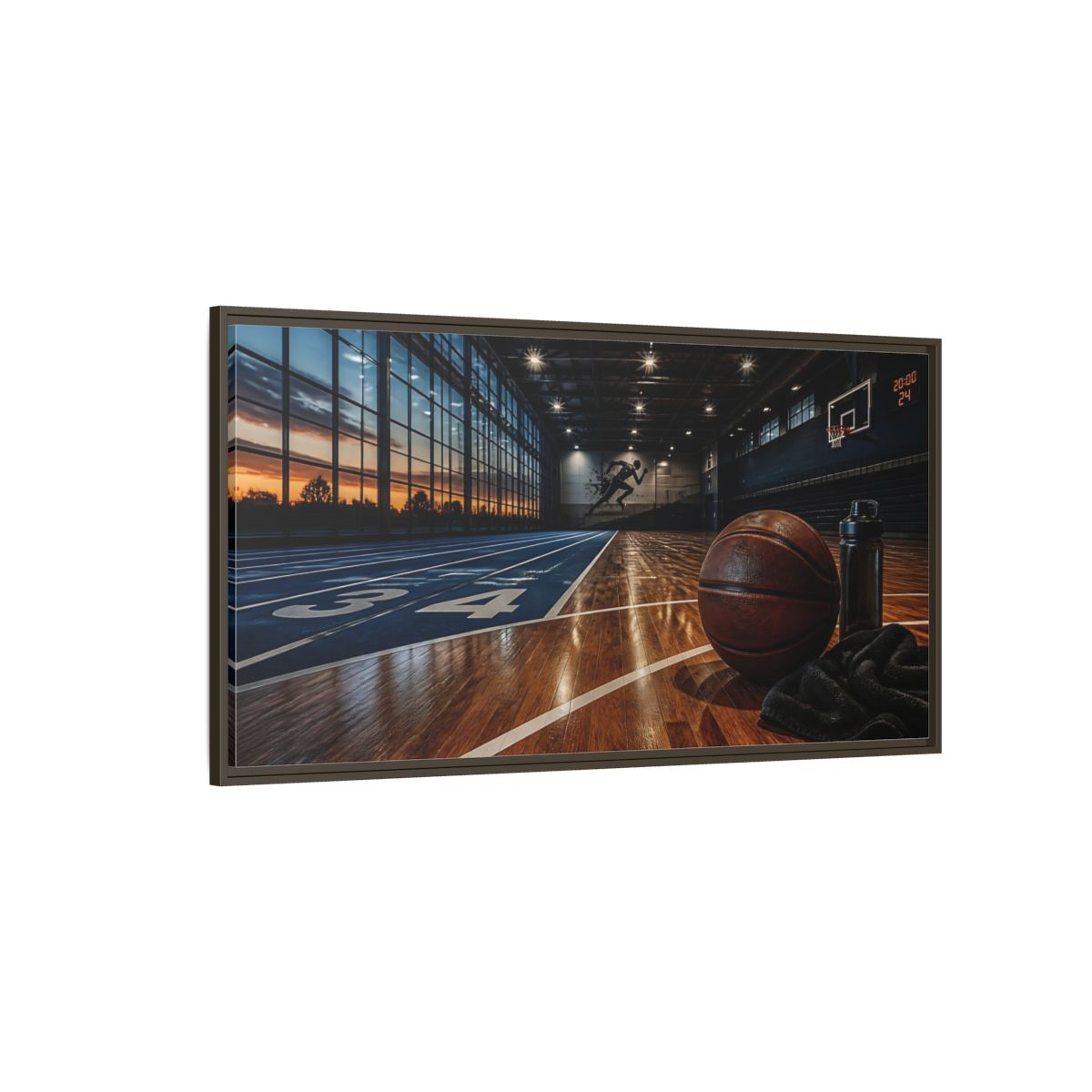 Side Mockup 4. Courtside Sunset Basketball shown as framed canvas print