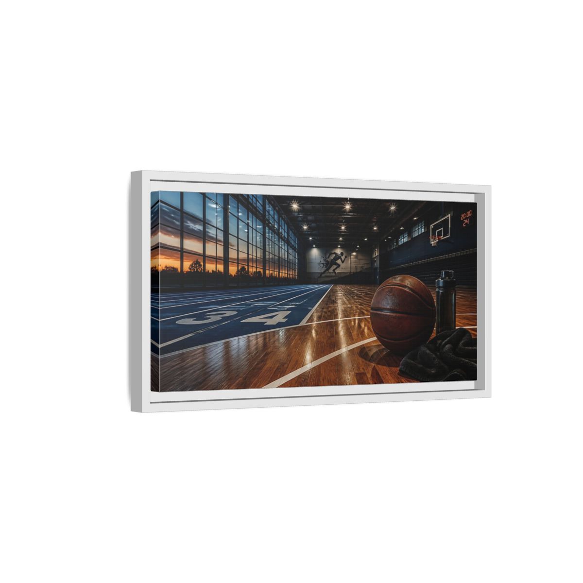 Side Mockup 6. Courtside Sunset Basketball shown as framed canvas print