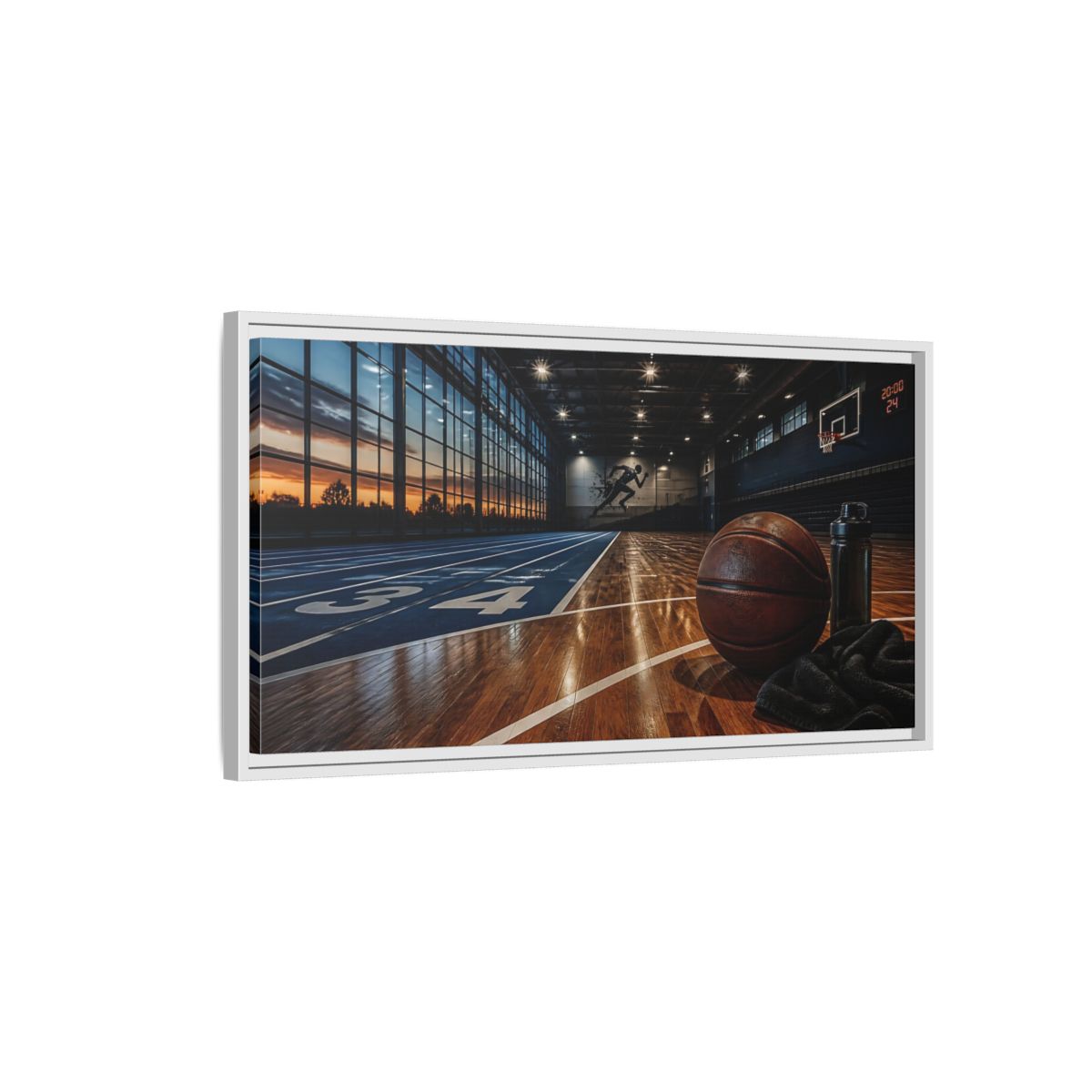 Side Mockup 1. Courtside Sunset Basketball shown as framed canvas print