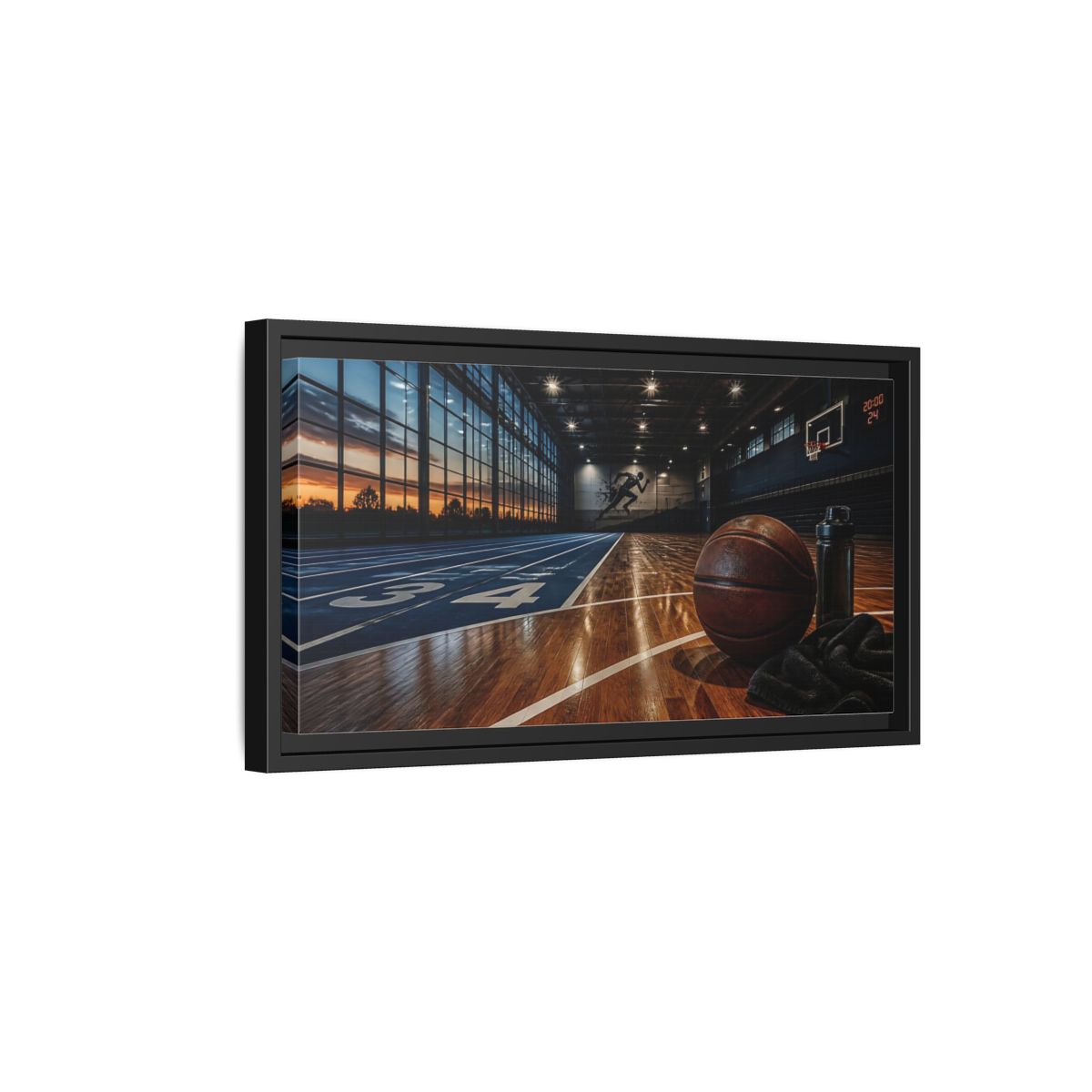 Side Mockup 8. Courtside Sunset Basketball shown as framed canvas print