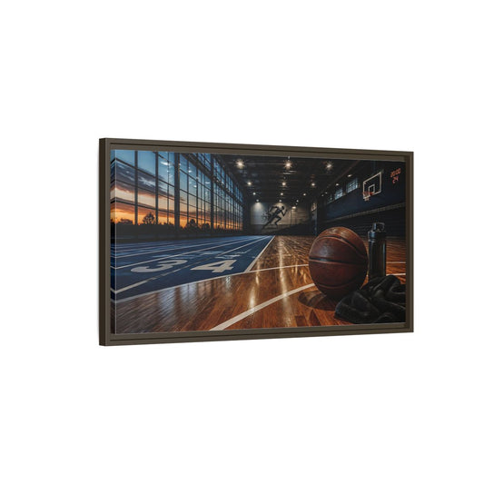 Main Mockup. Courtside Sunset Basketball shown as framed canvas print