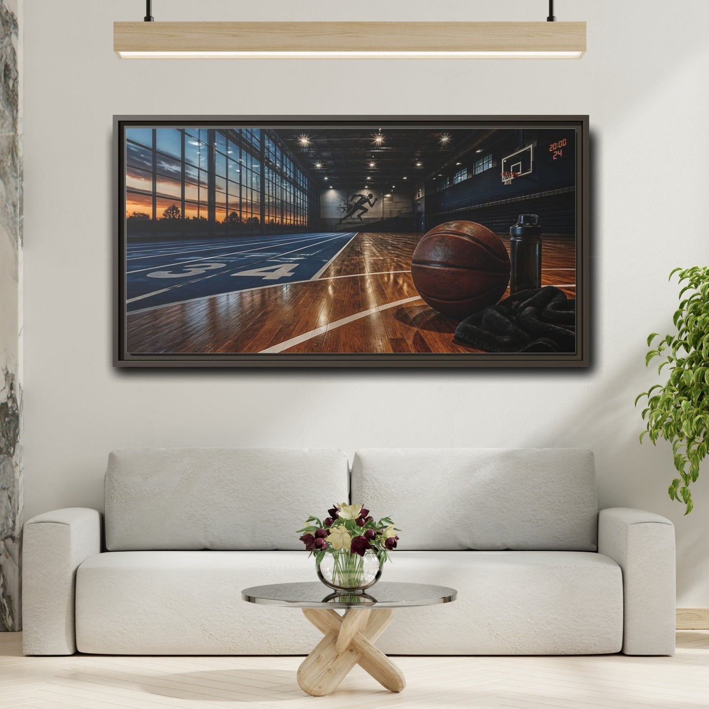 Mockup 2. Courtside Sunset Basketball shown as framed canvas print