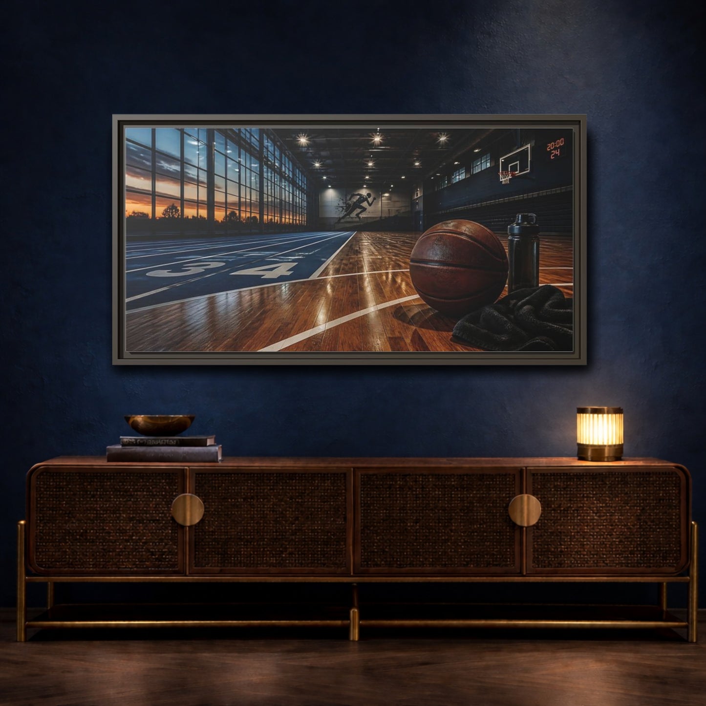 Mockup 4. Courtside Sunset Basketball shown as framed canvas print