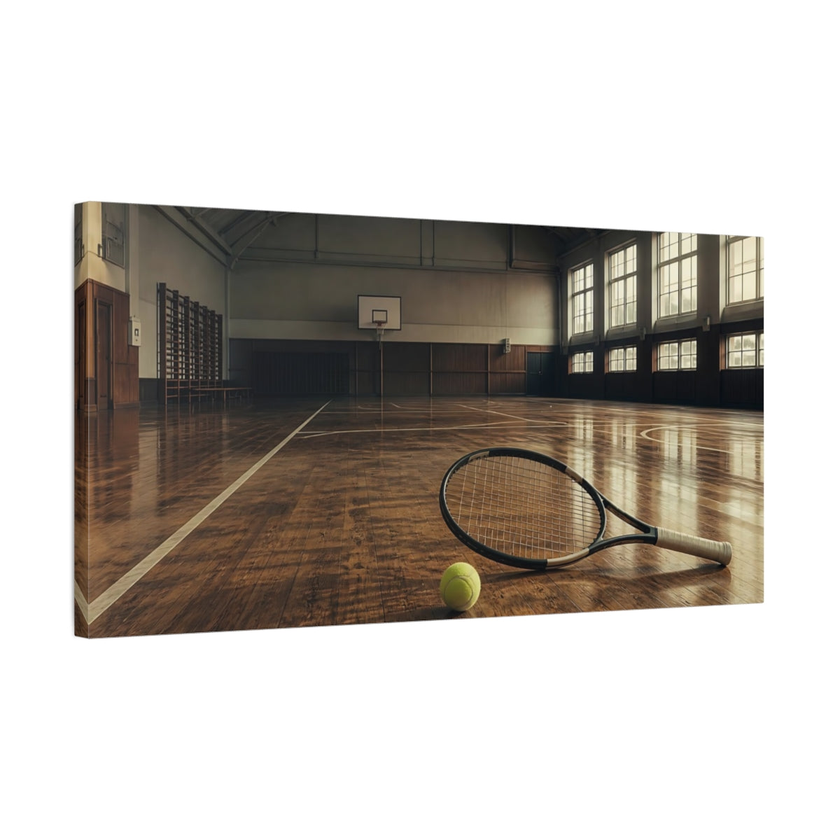 Side Mockup 1. Courtside Tennis Racket shown as canvas print