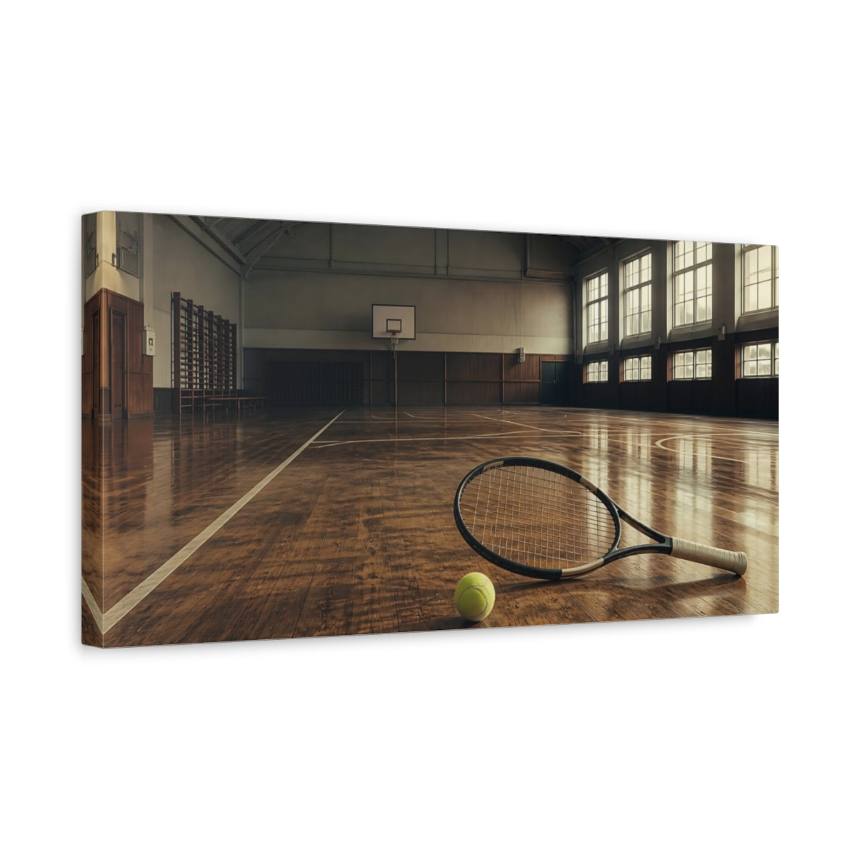 Side Mockup 3. Courtside Tennis Racket shown as canvas print