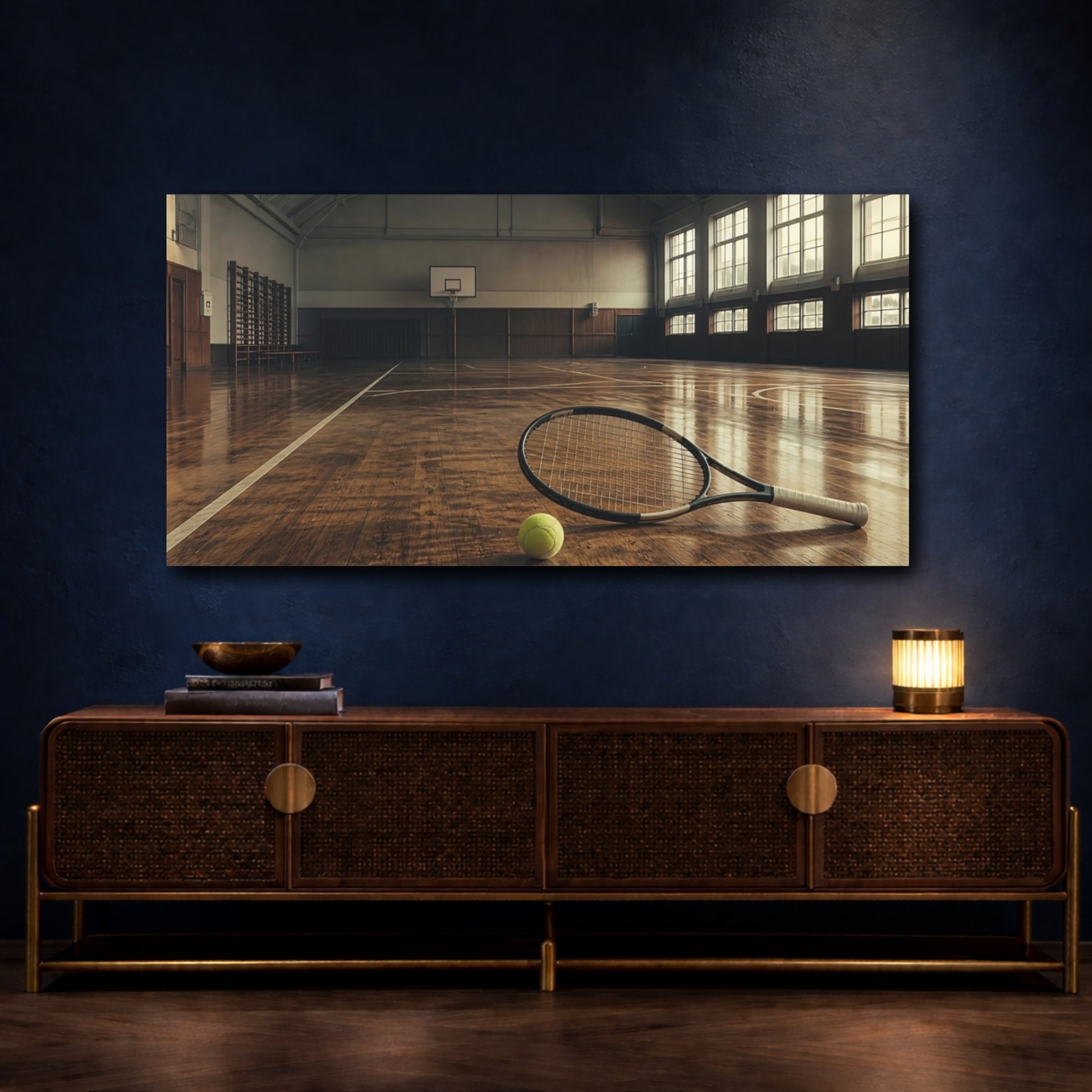 Mockup 4. Courtside Tennis Racket shown as canvas print