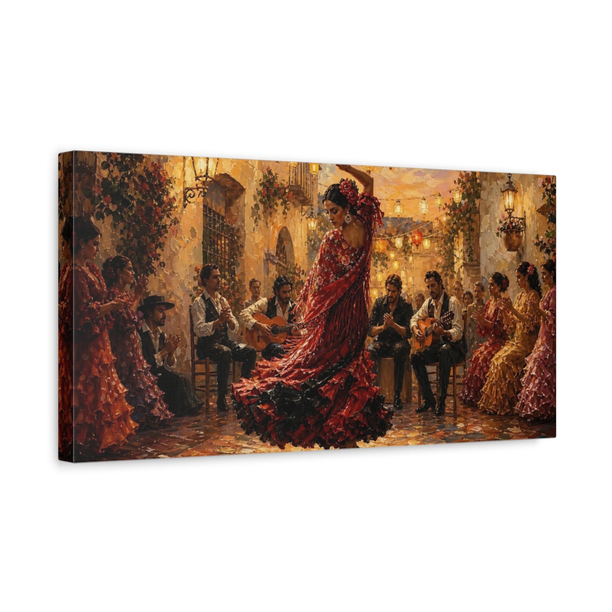 Side Mockup 3. Courtyard Flamenco Night shown as canvas print