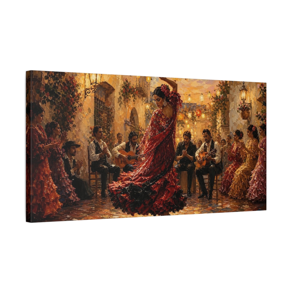 Side Mockup 1. Courtyard Flamenco Night shown as canvas print