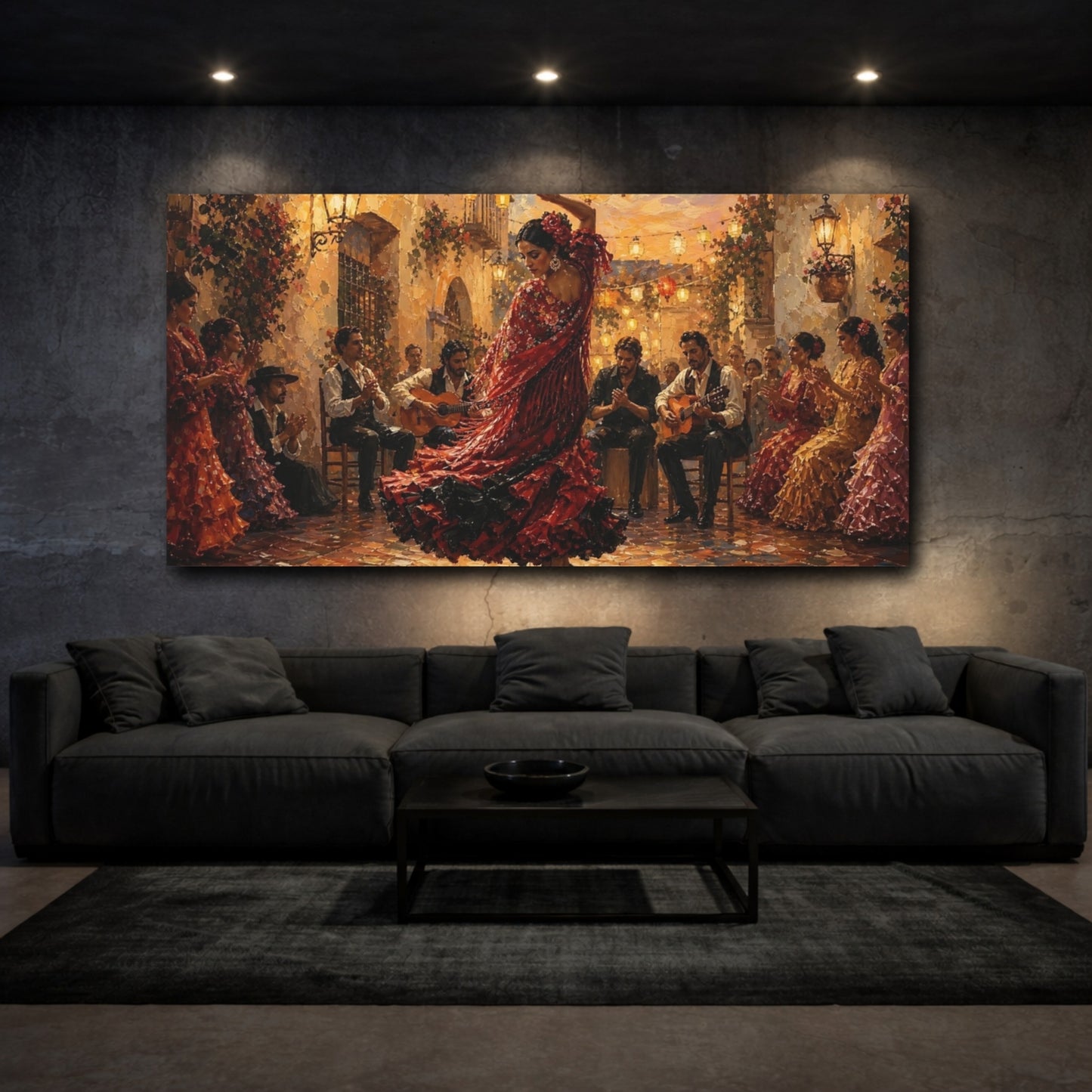 Mockup 3. Courtyard Flamenco Night shown as canvas print