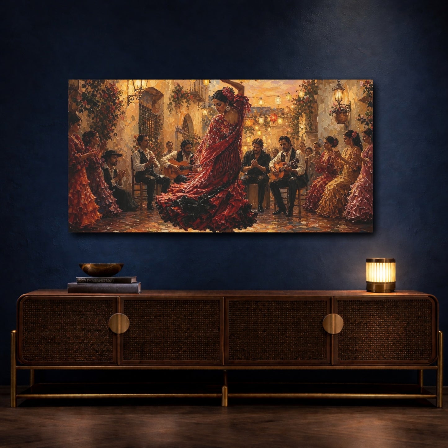 Mockup 4. Courtyard Flamenco Night shown as canvas print