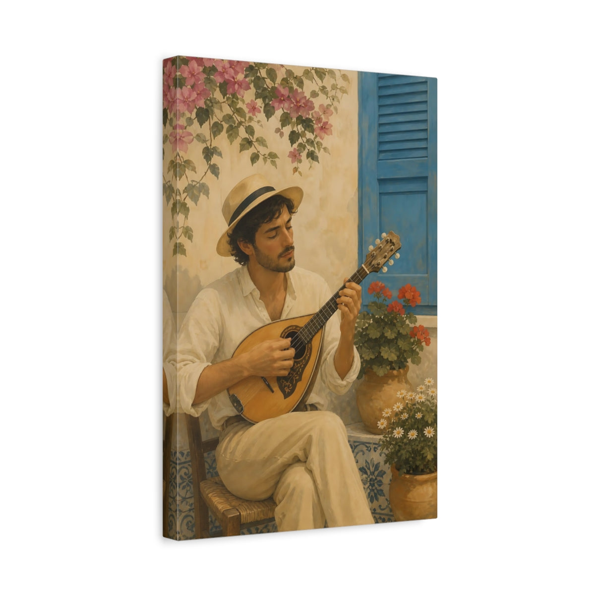 Side Mockup 4. Courtyard Mandolin Serenade shown as canvas print