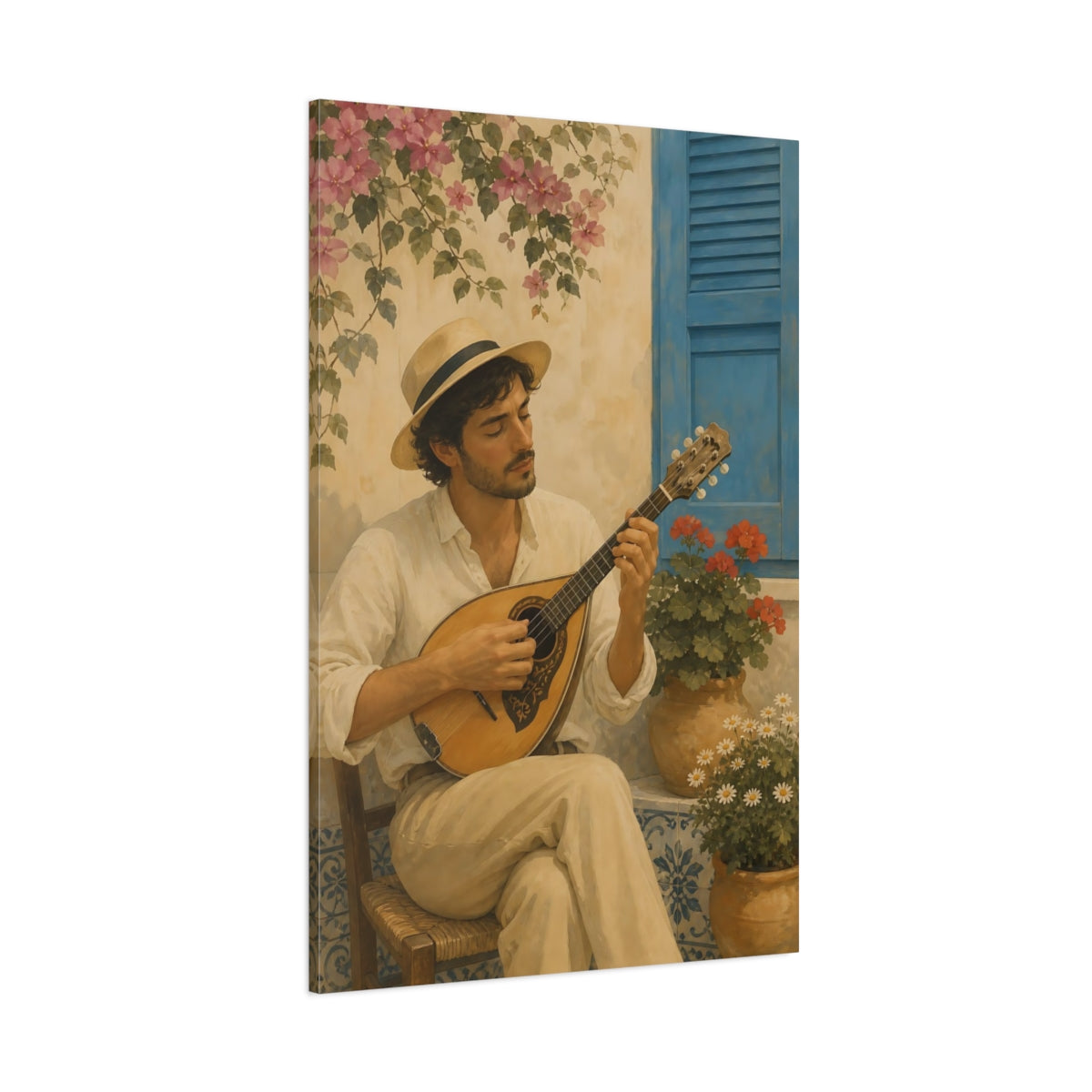 Side Mockup 1. Courtyard Mandolin Serenade shown as canvas print