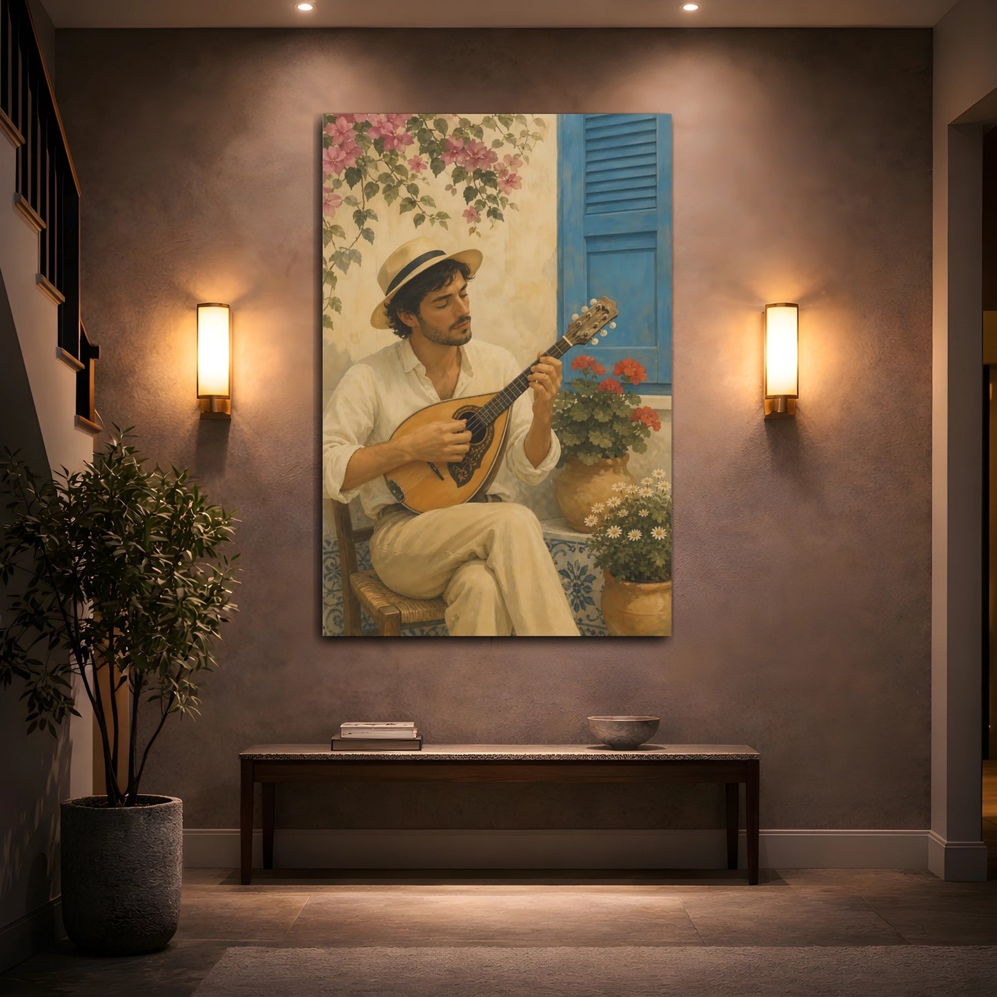 Mockup 2. Courtyard Mandolin Serenade shown as canvas print