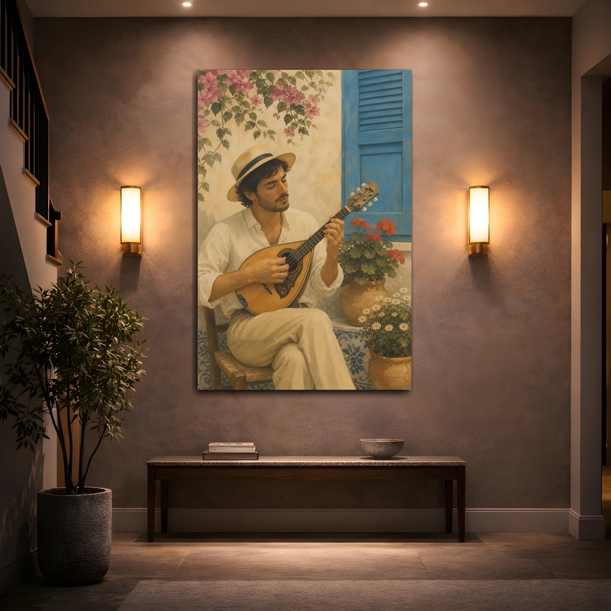 Mockup 2. Courtyard Mandolin Serenade shown as canvas print